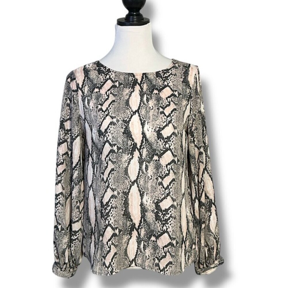 Worthington Women's Snake Print Blouse Ballon Sleeve Black Pink Blush Top XS - Picture 2 of 16